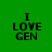 Green background with black text "I LOVE GEN" arranged in three lines, partially obscured by white rectangular overlays in different positions across four views.