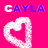 A 3x2 contact sheet of a pink animated buddy icon featuring white heart outlines and blue text "GAYLA" on a bright pink background, with visible frame-to-frame changes in the hearts' outline thickness.