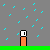 Pixelated character with orange body and white head stands on green platform under gray sky with blue raindrops, holding red umbrella in some frames.