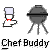 Pixel art icon set featuring chef and grill elements with animated fire, labeled 'Chef Buddy' text beneath each arrangement.
