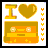 Pixelated icon shows 'I' in yellow, a brown heart symbol, and an orange cassette tape with flower-like eyes on white background.