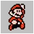 Pixelated character in red overalls and hat with white gloves, standing against gray background, mouth open in neutral expression.
