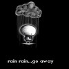 Black-and-white static icon featuring a light bulb with raindrops falling from a cloud above it, accompanied by the text "rain rain...go away" at the bottom.