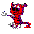 Pixelated red devil character with purple accents, black eyes and mouth, gray limbs, performing a running motion