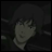Pixelated anime-style character with dark hair and a neutral expression, next to stylized text on a black background.