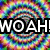 Pixelated text 'WOAH!' in white block letters on black background with colorful pixelated gradient backdrop.