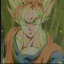 Anime character with spiky blonde hair in a Super Saiyan state, wearing an orange and blue outfit against a green background.