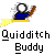 Animated contact sheet of a Quidditch-themed buddy icon showing a stick figure on a broomstick with motion changes across frames.