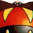 A pixelated static image shows a character with red and yellow coloration, dark brown hair, and a metallic base. The figure has a rounded head shape and visible facial features including eyes and mouth.