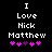 Black background with white pixelated text reading "I Love Nick Matthew" and five pink/purple heart icons below, where the third heart changes color between frames.