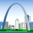 Pixelated cityscape featuring a large arch structure, multiple buildings, green ground, and blue sky background.