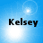 Blue background with four bright white light effects and the name "Kelsey" in black text across each quadrant.