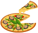 Animated contact sheet showing two frames of a pizza icon with one slice being lifted from the main pie, both featuring vegetable toppings on a gray background.