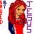 Pixelated static icon of a cartoon woman with red hair and dress, flanked by vertical text reading "SAVED" (red) and "JESUS" (purple), with blue text "BY" between them on the left side.