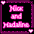 A 4x3 contact sheet of a pixelated animated icon showing variations in text color and style across frames, with pink and white text on black backgrounds bordered by dotted lines and small hearts.