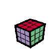 Pixelated cube with purple and green faces, red top face showing nine squares; lid opens to reveal white interior with yellow dots and small shapes.