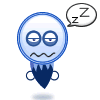 Blue circular character with droopy eyes, wavy mouth, and dark blue lower body; speech bubble contains two Zs indicating sleep.