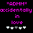 *ADMM* text in pink, "accidentally accidentally" repeated below with "in love", five heart icons at bottom; left side has one gray heart, right side has two gray hearts.