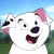 A 4-frame animated contact sheet showing a cartoon dog with pink ears and blue collar in various expressions against a green field and blue sky background.