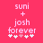 Pixelated text and symbols on a solid pink background with two identical static frames showing 'suni + josh forever' and six symbols below.