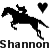 Two identical black horse-and-rider silhouettes with a heart symbol above each, positioned over text reading "Shannon Shannon" in mixed black and blue pixelated font.