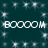 Dark teal background with white pixelated text 'BOOOM' repeated twice horizontally, surrounded by scattered starburst effects.