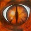 A static image of a stylized eye with an orange-brown iris and white sclera, framed by a dark vertical line dividing the pupil area.