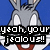 Pixelated cartoon rabbit with gray fur and white inner ears, red mouth area, blue background, black text overlay reading 'yeah your jealous!!'