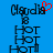 Blue background displays two identical pixelated text blocks with 'Claudia' above three stacked 'HOT' words, one block featuring a red heart symbol over the name.