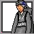 Animated contact sheet showing a pixelated character in gray hoodie with white text, black pants, and blue headband across six frames including full-body and partial views.