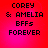 Red and pink gradient background with black pixelated text reading "COREY & AMELIA BFFs FOREVER" in four identical quadrants.