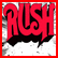 A two-frame contact sheet showing a red "RUSH" logo on the left and three people in black shirts on the right, both with pixelated details against a gray background.