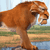 A pixelated lion stands in profile facing right, its mane and body rendered in brown tones against a blurred background of green and blue stripes.