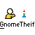 Pixelated character with white round head and yellow body holds red-and-white striped object, repeated across gray background with text below.