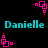 Pixelated cyan text "Danielle" appears twice on a black background, surrounded by pink square-based animations with trailing dots.