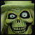Pixelated green skull with wide eyes and a toothy grin, set against a dark background.