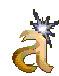 Pixelated golden-brown letter 'a' with green and brown accents, featuring a blue-and-white starburst effect above it that disappears in the second frame.
