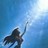 Pixelated blue-toned static image shows dark silhouette of figure with raised arm against gradient sky background.
