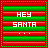 Pixel art of a blonde character in red-and-white shirt and black pants sitting against red-green striped background with text overlays.