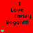 Red background displays repeated 'I Love Carley Bogan!!!!' text with cyan heart symbols in a pattern, some hearts animate vertically