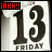 Two side-by-side animated frames of a Friday the 13th-themed buddy icon showing large '13' numerals with 'FRIDAY' text and an 'AHH!!' banner above, differing only in the banner's color scheme.