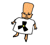 Animated cartoon character with orange skin and tall head wearing white shirt with black propeller symbol, performing walking motion