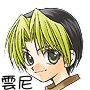 Anime-style character with green eyes and yellow-green hair, wearing brown clothing against white or gray backgrounds.