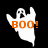 A ghost-shaped icon with 'BOO!' text in orange, displayed across three color variations: white on black background, gray on black background, and dark gray on black background.