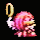 Pixelated character with pink hair and yellow eyes holds a golden ring in one frame, then a sword in another against black background.