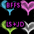 Pixelated heart-shaped icons in cyan, pink, green, and gray with text labels like BFFS, RS+SE, LS+JD, KK+DW, CP+EA on a black background.