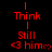 Red pixelated text and symbols on black background with gray corner, repeating 'I Think I Still <3 him♡' in vertical sequence.