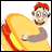 Pixelated cartoon character with red cap and gray shirt holds large yellow sandwich, smiling