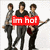 Six show three young men in black and gray clothing with red text overlays on white backgrounds, each displaying different text