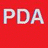 Two side-by-side display the letters PDA in white pixelated text against solid red and blue backgrounds